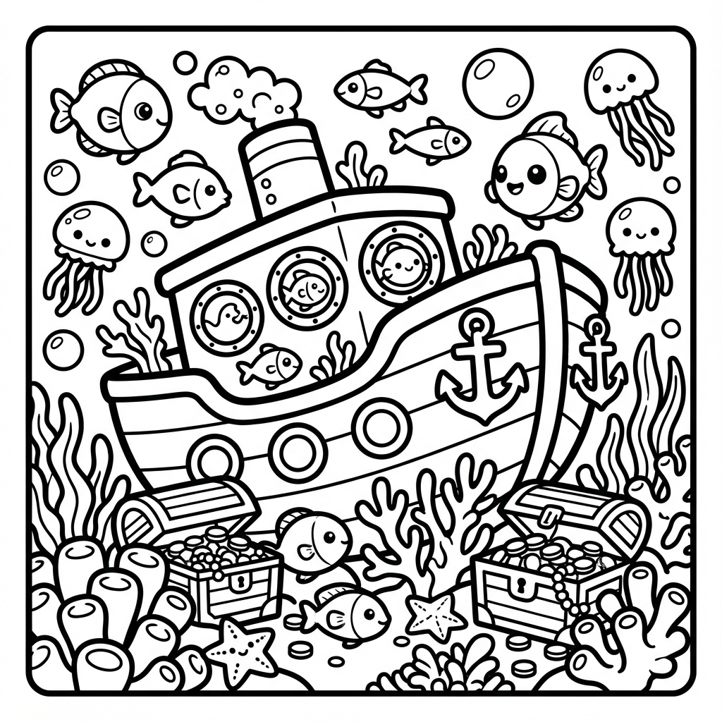 A cute sunken ship surrounded by fish, a large outline coloring pages scene for stress relief relaxing coloring pages.